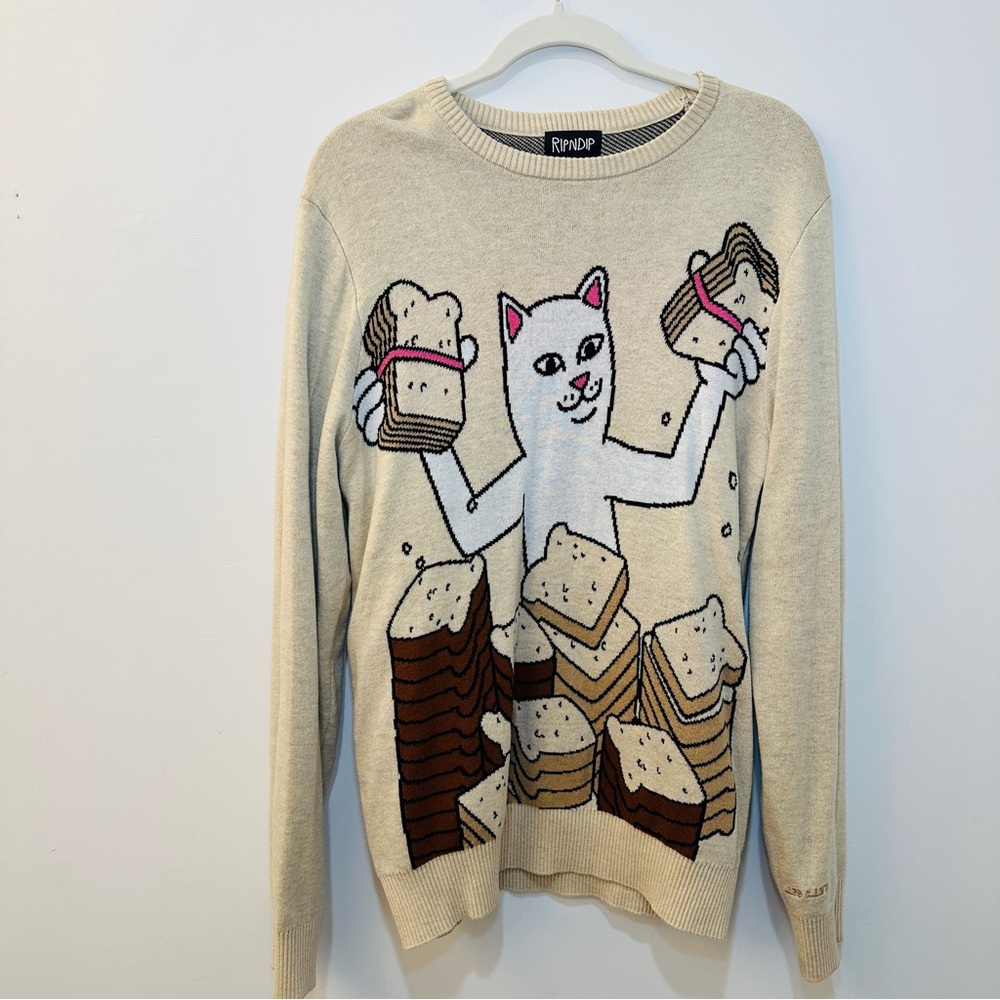 Ripndip White Cat and Bread Graphic Sweater - Picture 2 of 4